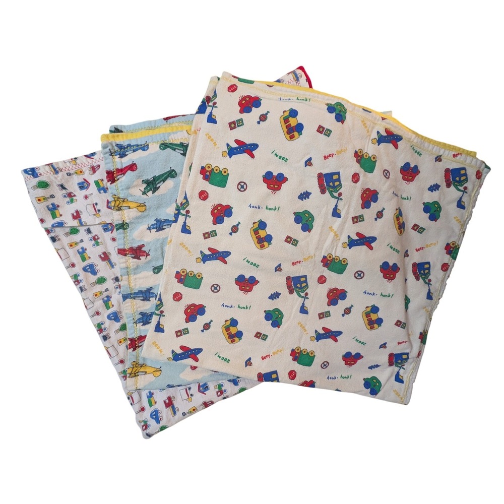 Three Vintage‎ Handmade Vehicle Cotton Flannel Baby Blankets Primary Colors 90s